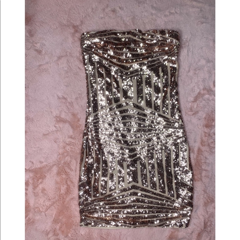 Rose gold sequin fashion nova strapless dress